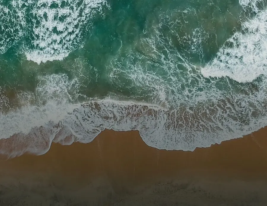 Aerial view of waves breaking on a Sri Lankan beach