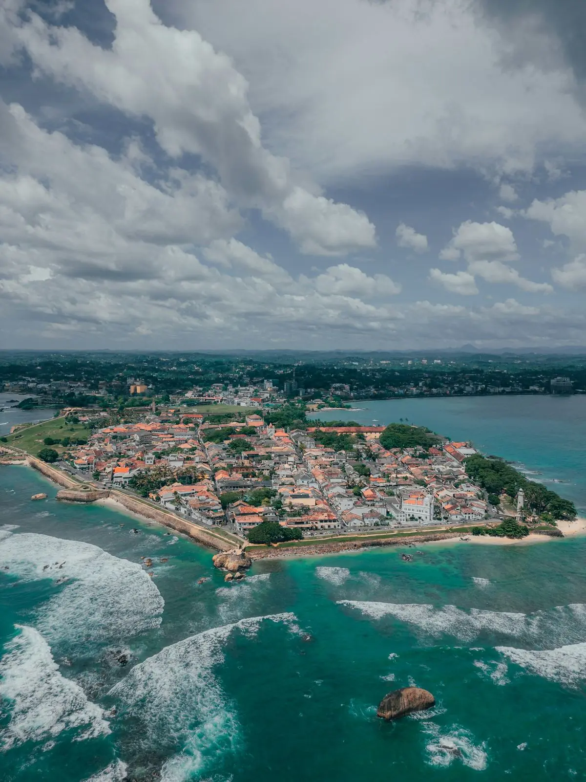 Aerial view of Galle Fort, a walled old town on a headland surrounded by sea